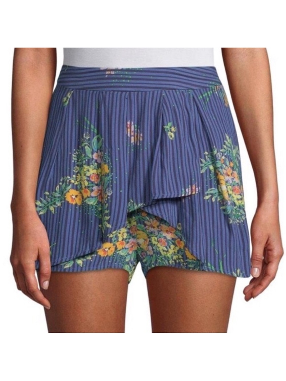 FREE PEOPLE Night Watcher Layered Skort Short Blue Floral Stripe Combo Sz Small
